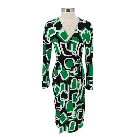CATO Wrap Midi Dress Fern Green Retro Print Long Sleeve V Neck Tie Medium - Picture 1 of 7